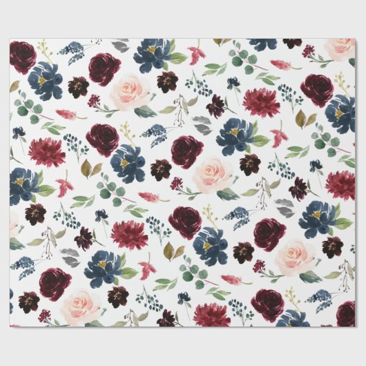 Bourgondië Waterverf Rode Marine Bloemen Boho Huwe Cadeaupapier (Vlak)