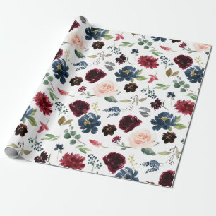 Bourgondië Waterverf Rode Marine Bloemen Boho Huwe Cadeaupapier