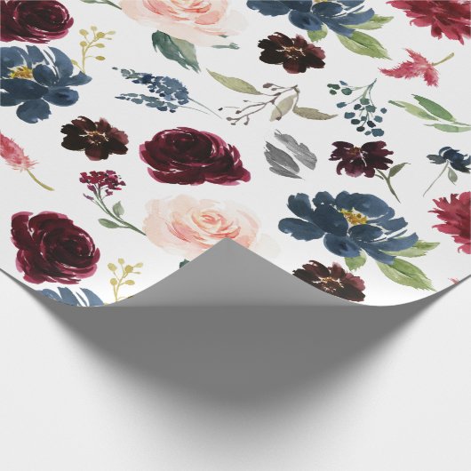 Bourgondië Waterverf Rode Marine Bloemen Boho Huwe Cadeaupapier (Hoek)