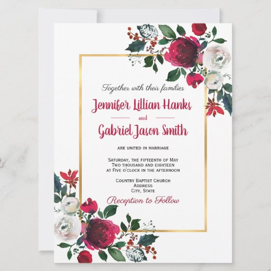 Bourgondië waterverf roos bloemengouden lijst brui kaart (Voorkant)