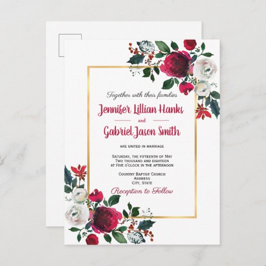 Bourgondië waterverf roos bloemengouden lijst brui uitnodiging briefkaart