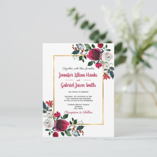 Bourgondië waterverf roos bloemengouden lijst brui uitnodiging briefkaart (Staand voorkant)