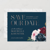 Bourgondië Waterverf Roos Gold Save Our Date Navy Aankondigingskaart (Voorkant / Achterkant)