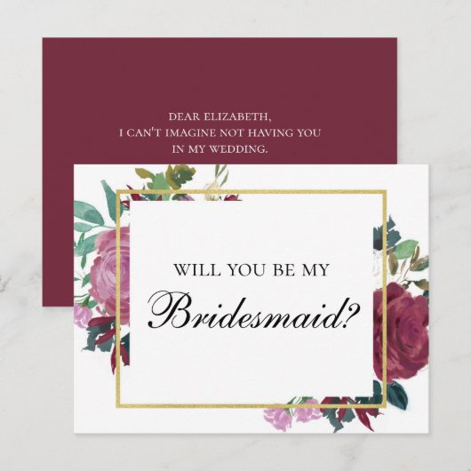 Bourgondië, wil je mijn bruidsmeisje zijn. Maroon  Uitnodiging Briefkaart (Voorkant / Achterkant)