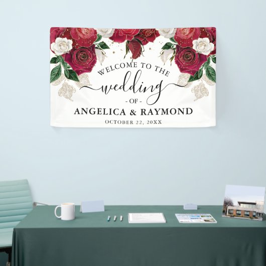 Bourgondië & Wit Bloemen Elegant Bruiloft Welkom Spandoek (Beurs)