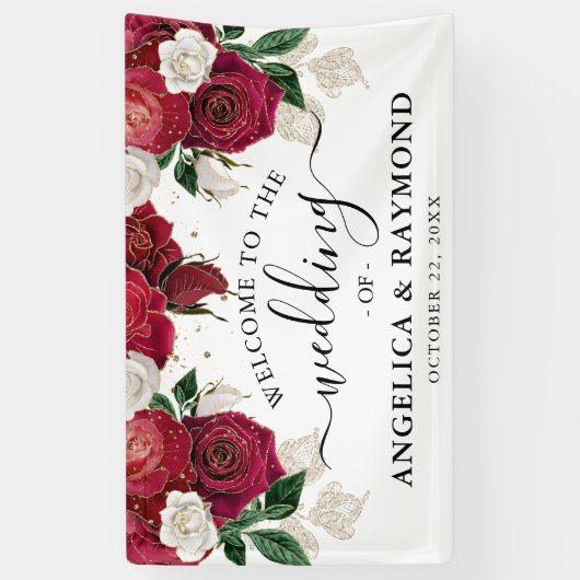 Bourgondië & Wit Bloemen Elegant Bruiloft Welkom Spandoek (Verticaal)