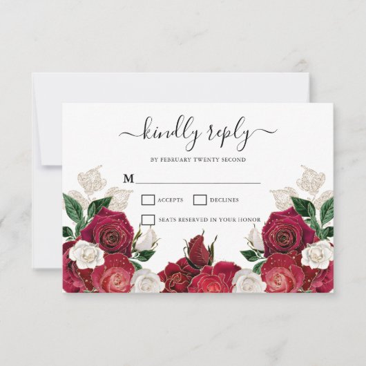 Bourgondië & Wit Bloemen Elegante Bruiloft RSVP-ka RSVP Kaartje (Voorkant)