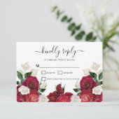 Bourgondië & Wit Bloemen Elegante Bruiloft RSVP-ka RSVP Kaartje (Staand voorkant)