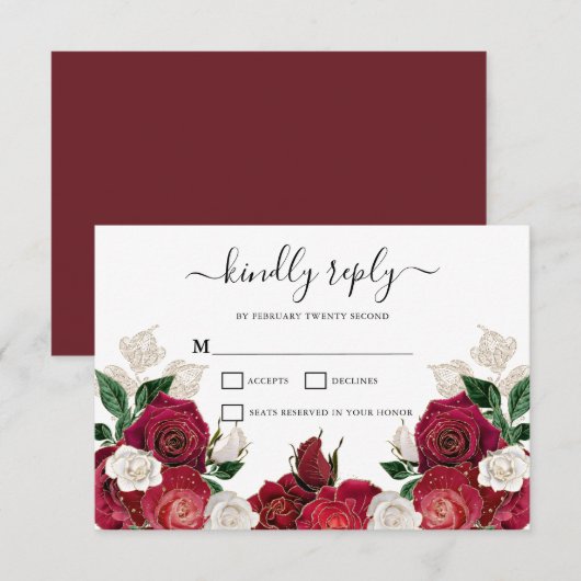 Bourgondië & Wit Bloemen Elegante Bruiloft RSVP-ka RSVP Kaartje (Voorkant / Achterkant)
