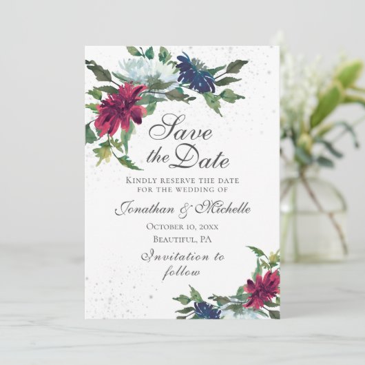 Bourgondië Witte Blauwe Elegante Bloem Bruiloft  Save The Date (Staand voorkant)