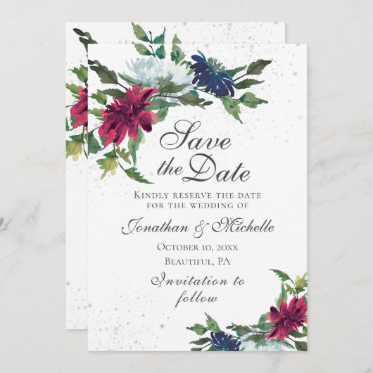 Bourgondië Witte Blauwe Elegante Bloem Bruiloft  Save The Date (Voorkant / Achterkant)