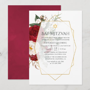 Bourgondië & Witte Bloemige Geometrische Bat Mitzv Kaart