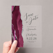 Bourgondië Zilver Agaat Script Bewaar de Datum Acryl Uitnodigingen (Insitu (Draagbaar))