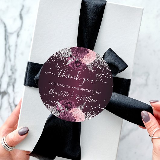 Bourgondië zilveren bloemen hart dank u bruiloft ronde sticker