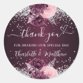 Bourgondië zilveren bloemen hart dank u bruiloft ronde sticker (Voorkant)