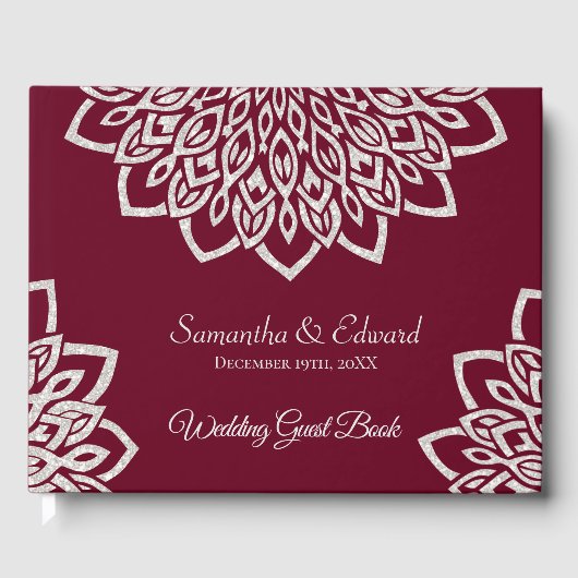 Bourgondië zilveren glitter elegante bruiloft gast gastenboek (Voorkant)