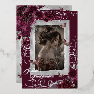 Bourgondië Zilveren Quinceanera Foto Roos Vlinder Folie Uitnodiging