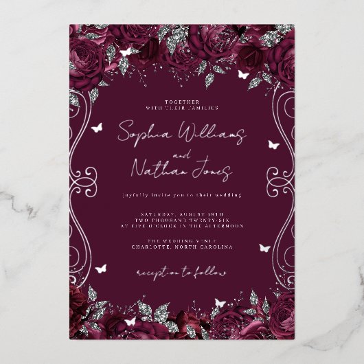 Bourgondië Zilveren Wervelrol Trouwen Folie Uitnodiging (Voorkant)