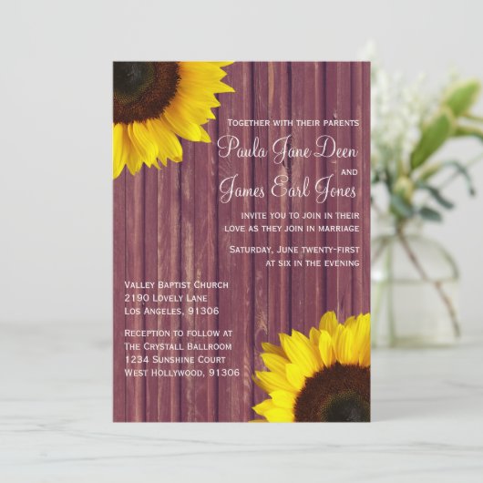 Bourgondië & Zonnebloem bruiloft uitnodiging (Staand voorkant)