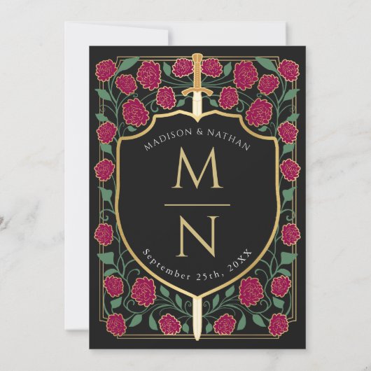 Bourgondië Zwaard Schild Fantasy Monogram Huwelijk Kaart (Achterkant)