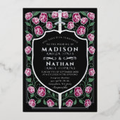 Bourgondië Zwaard Schild Monogram Fantasy Wedding Folie Uitnodiging (Voorkant)