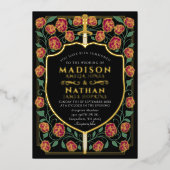 Bourgondië Zwaard Schild Monogram Fantasy Wedding Folie Uitnodiging (Voorkant)