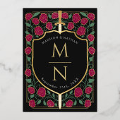 Bourgondië Zwaard Schild Monogram Fantasy Wedding Folie Uitnodiging (Achterkant)