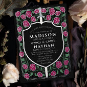 Bourgondië Zwaard Schild Monogram Fantasy Wedding Folie Uitnodiging