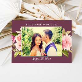 Bourgondiën Roze Aquarel Bloemen Trouwfoto Bedankkaart