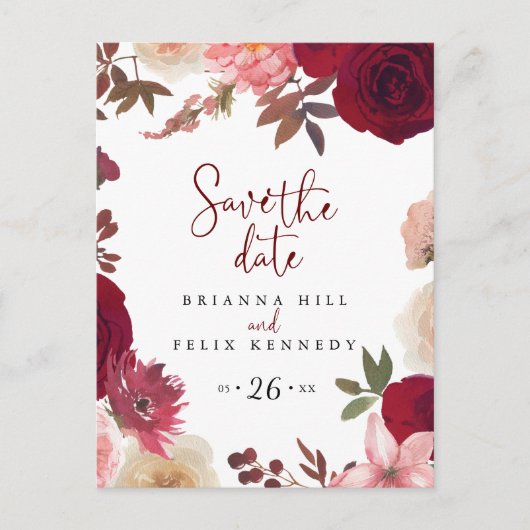 Bourgondiën Roze Blush Bloemige Save the Date  Briefkaart (Voorkant)