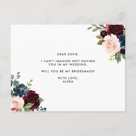 Bourgondiër en Blauwe Bloemenslingers Zullen Mijn  Uitnodiging Briefkaart (Achterkant)