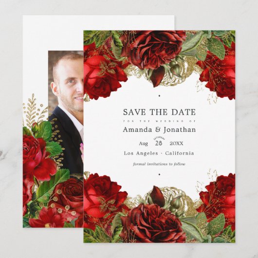 Bourgondiër en gouden vintage chic rozen trouwfoto save the date (Voorkant / Achterkant)