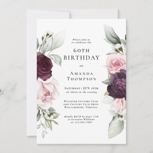 Bourgondiër en Roze Bloem 60e Verjaardag Kaart (Voorkant)