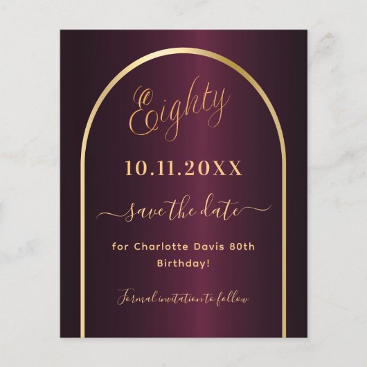 Bourgondiër goud 80ste verjaardag save the date ka (Voorkant)