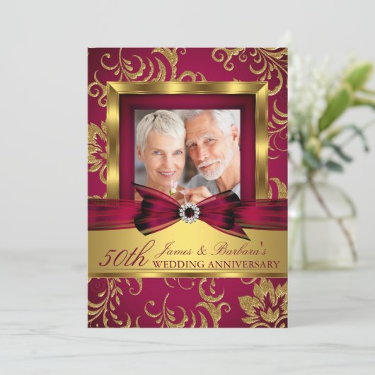 Bourgondiër Goud Foto 50ste Huwelijksverjaardag Kaart (Staand voorkant)