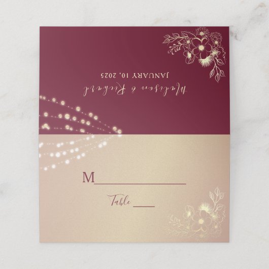 Bourgondiër Gouden Bloem Bruiloft Plaatskaart Plaatskaartje (Buitenkant ongevouwen)