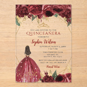 Bourgondiër Gouden Bloemige Prinses Quinceañera Qu Acryl Uitnodigingen