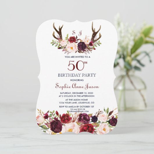 Bourgondiër Marsala Bloem Hoorns 50ste Verjaardag Kaart (Staand voorkant)