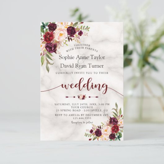 Bourgondiër Marsala Bloem Marmer Handgeschreven Br Kaart (Staand voorkant)