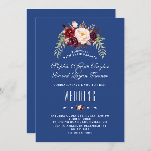 Bourgondiër Marsala Bloem Navy Blauwe Trouw Kaart (Voorkant / Achterkant)