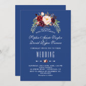 Bourgondiër Marsala Bloem Navyblauw Bruiloft Kaart (Voorkant / Achterkant)