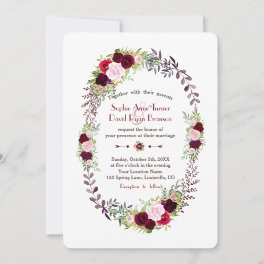 Bourgondiër Marsala Bloemenkrans Trouwen Kaart (Voorkant)