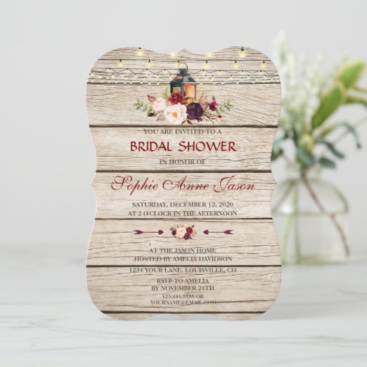 Bourgondiër Marsala Bloemlantaarn Bruidsdouche Kaart (Staand voorkant)