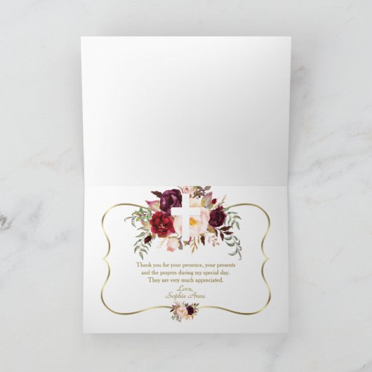Bourgondiërroze Bloemen Goud Witte Doop Bedankkaart (Binnen)