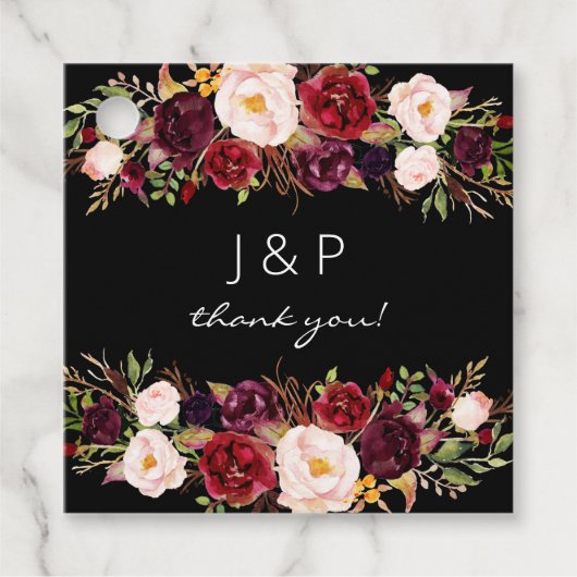 Bourgondierse Marsala en Blush Bloemen - Zwart Bedankjes Labels (Voorkant)