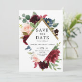 Bourgondierse Marsala Navy Blauwe Blosroze Roze Br Save The Date (Staand voorkant)