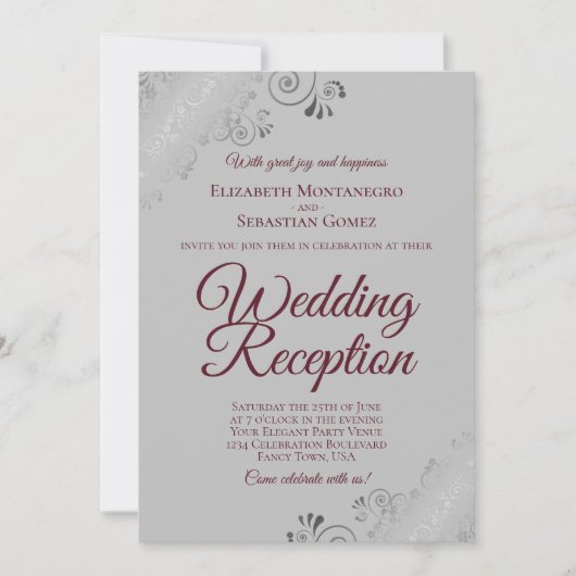 Bourgondiets op Grijze Zilveren Franjes Bruiloftsr Kaart (Voorkant)