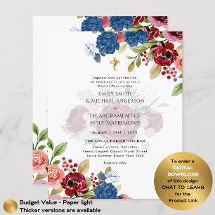 Bourgondisch Blauw Bloemen Katholieke Nuptial Mass Flyer