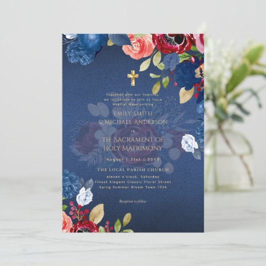 Bourgondisch Blauw Bloemen Katholieke Nuptial Mass Kaart (Staand voorkant)