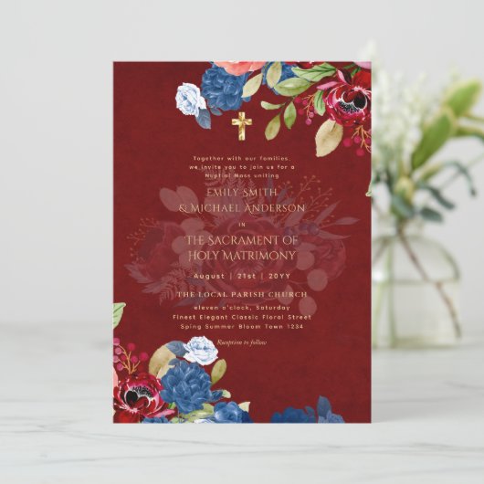 Bourgondisch Blauw Bloemen Katholieke Nuptial Mass Kaart (Staand voorkant)